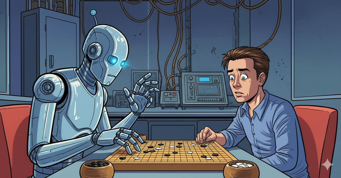 homme jouant au jeu de go contre un robot